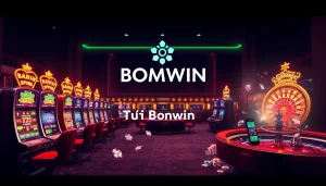Tải Bomwin app showcased with casino games, promoting an exciting online gaming experience.