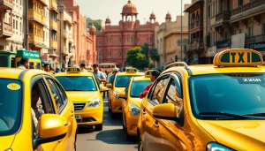 Jaipur Taxi Service showcased with vibrant local cabs in a busy city street.