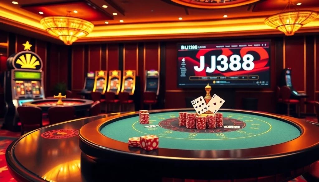 Players experiencing the excitement of BJ388 at a luxury casino with vibrant tables and games.