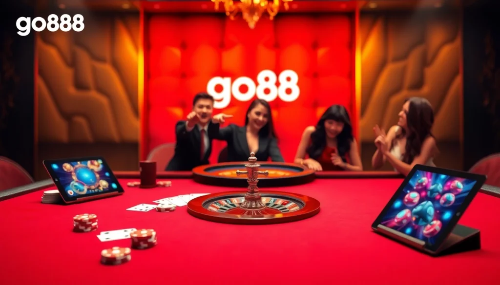 Immerse in the excitement of go88 with a luxurious casino setting showcasing poker, roulette, and vibrant online gaming.