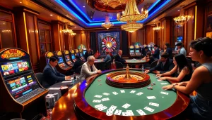 Players enjoying high-stakes table games at a luxurious casino featuring 88i poker chips and cards.