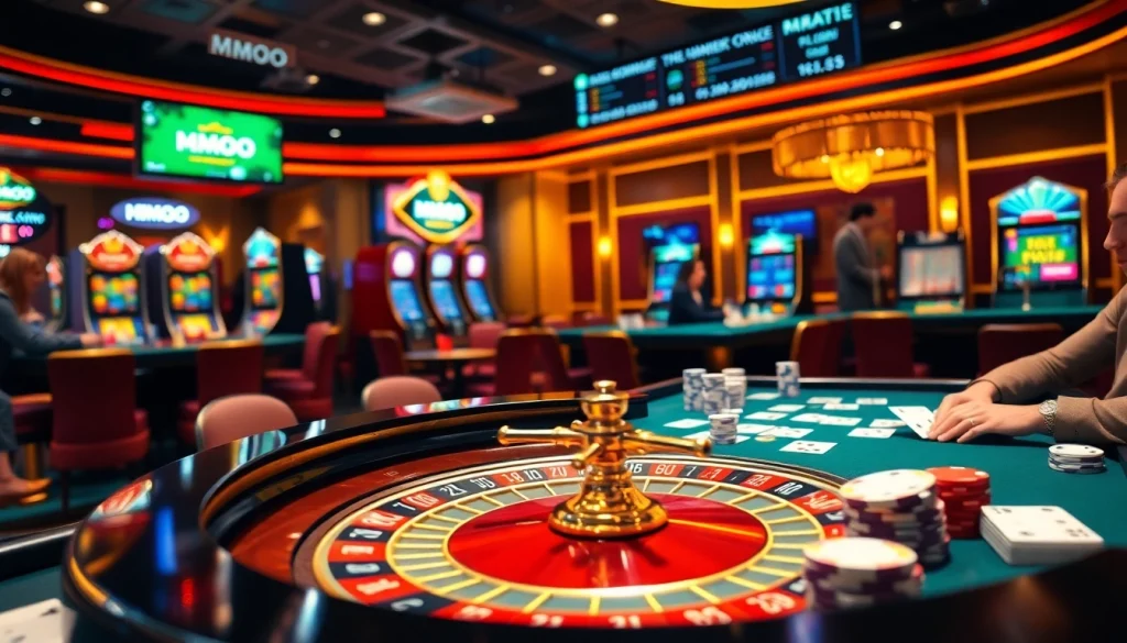 Setting the scene with an exciting gameplay moment at an MMOO casino table, showcasing roulette and poker elements.