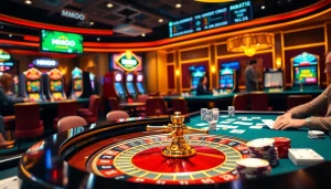 Setting the scene with an exciting gameplay moment at an MMOO casino table, showcasing roulette and poker elements.