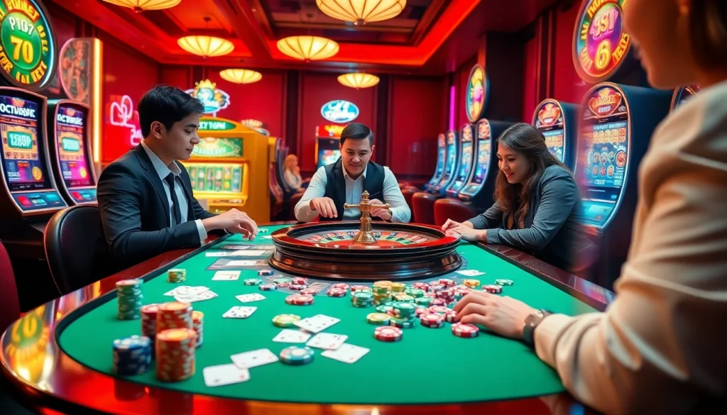 K9K9 game scene showcasing excitement at a casino table filled with chips and cards.