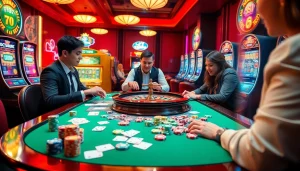 K9K9 game scene showcasing excitement at a casino table filled with chips and cards.