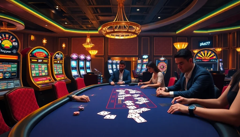 Players enjoying a thrilling game of blackjack at plus777 casino, surrounded by luxury slot machines.