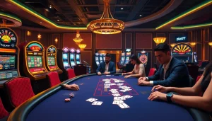 Players enjoying a thrilling game of blackjack at plus777 casino, surrounded by luxury slot machines.