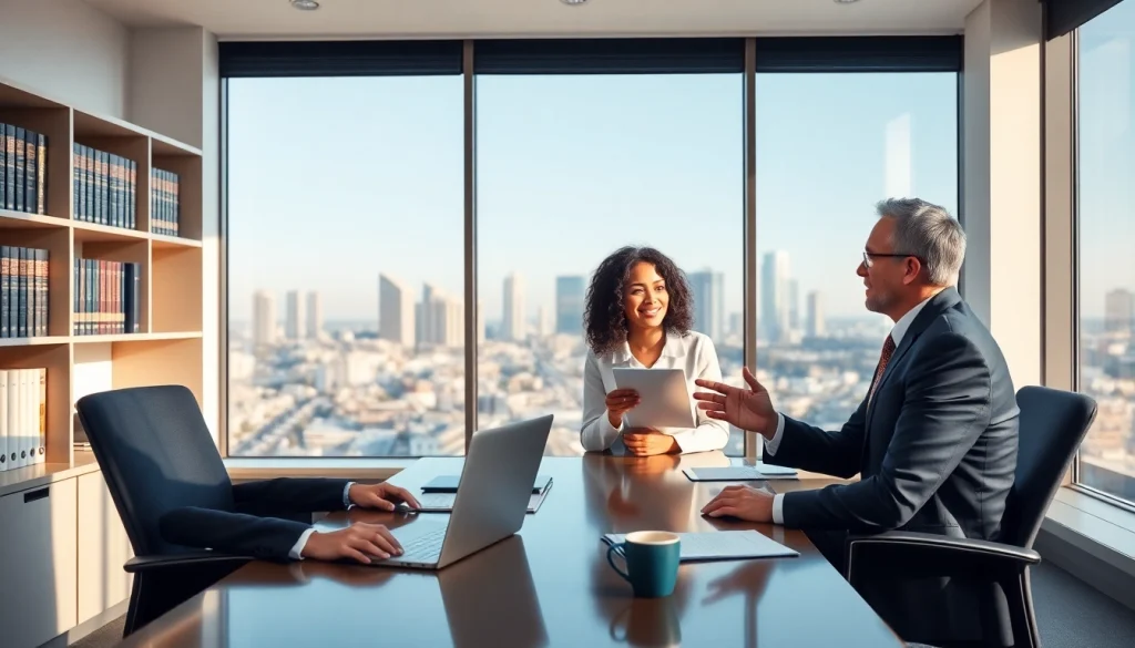 Immigration lawyer Sydney assisting a couple in a modern office setting.