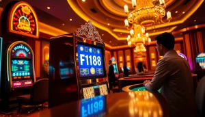Experience the thrill of f168 nổ hũ with an elegant slot machine in a luxurious casino setting.