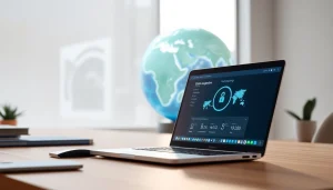 快连下载 application displayed on a modern laptop in a secure, private workspace.