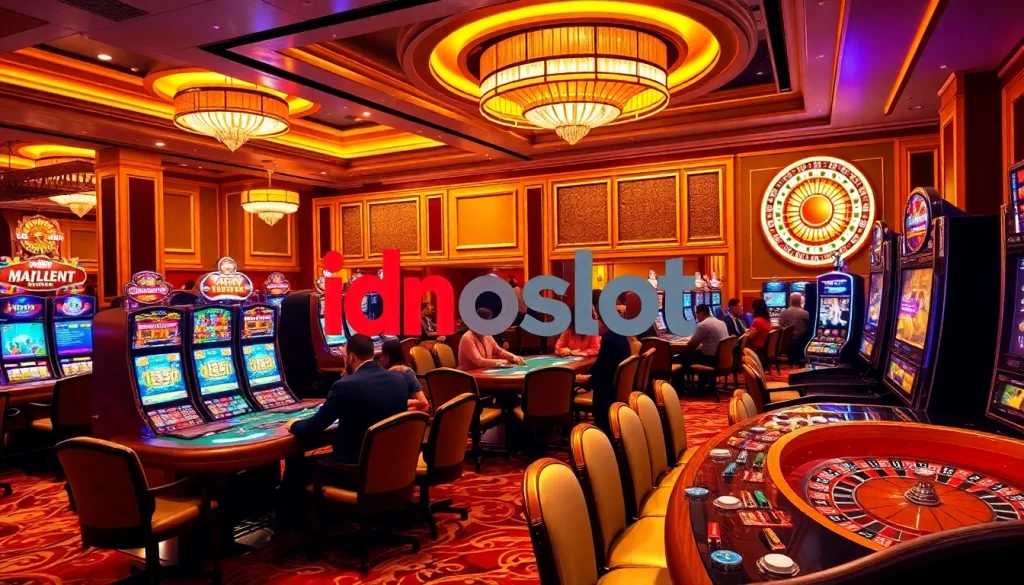Experience the excitement of idnslot gaming with vibrant slot machines and players at the casino.