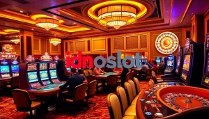 Experience the excitement of idnslot gaming with vibrant slot machines and players at the casino.