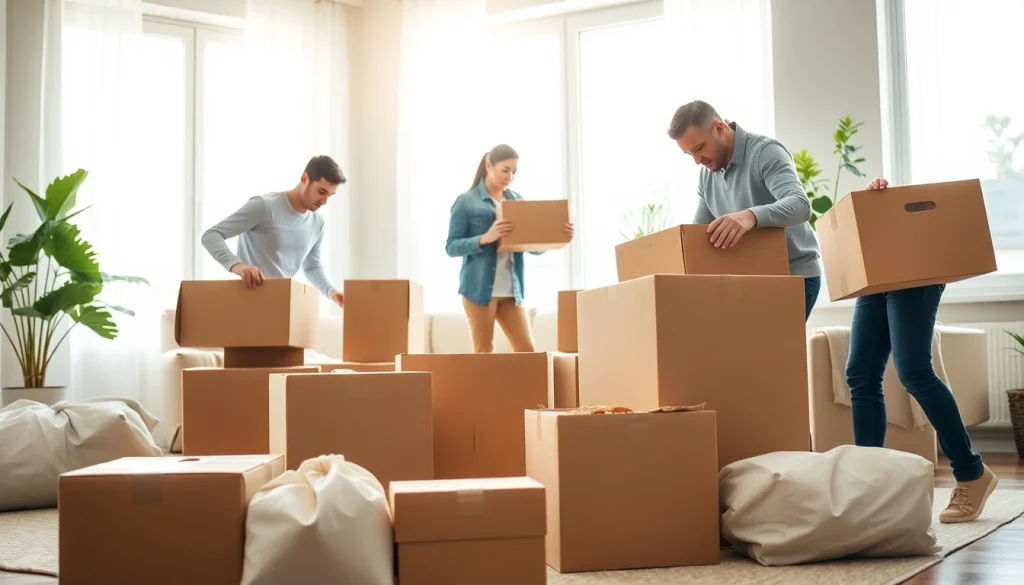 Efficient provincial moving services with professional movers packing items in a bright living room.