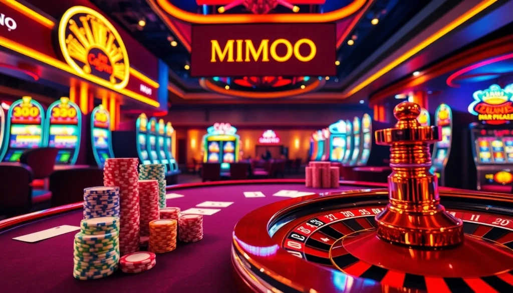 Players engaging in a thrilling casino experience with MMOO branding in a luxurious setting.