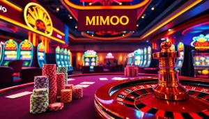 Players engaging in a thrilling casino experience with MMOO branding in a luxurious setting.