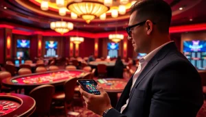 Exciting gameplay on 7c77 app with casino chips and cards in a luxurious setting.