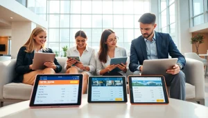 Compare Rates for Hotels using advanced digital tools in a stylish hotel lobby.