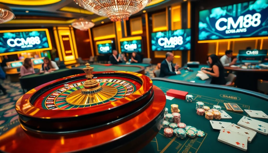 Experience thrilling gameplay at CM88 with a vibrant casino scene showcasing roulette and poker activities.