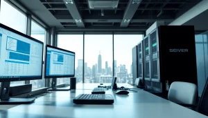 Streamlined server management interface at https://aminserve.com with multiple screens in a modern setting.