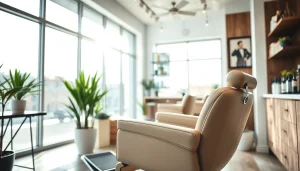 A vibrant frizerie craiova showcasing a stylish barber chair and modern grooming tools.