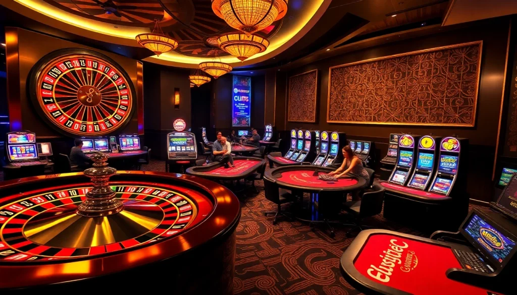 Players engage in thrilling games at https://mk8th.net/ casino, featuring a vibrant roulette wheel and poker tables.