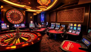 Players engage in thrilling games at https://mk8th.net/ casino, featuring a vibrant roulette wheel and poker tables.