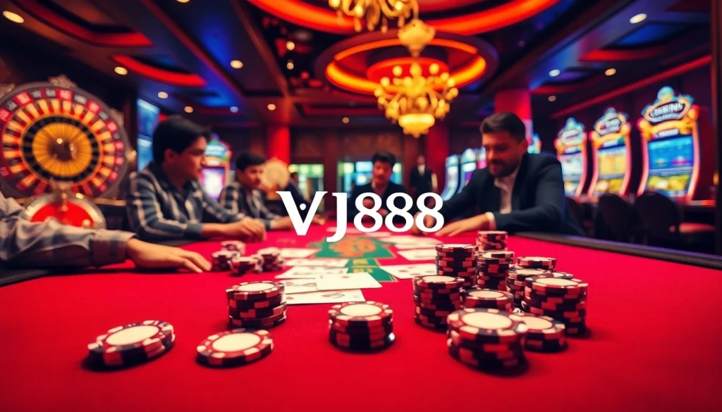 Experience strategic wins at VJ88 casino with vibrant gaming elements and luxury ambiance.