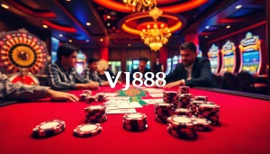 Experience strategic wins at VJ88 casino with vibrant gaming elements and luxury ambiance.
