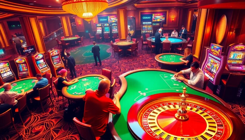 Players engaging in thrilling card games at a vibrant casino featuring GK88 betting strategies.