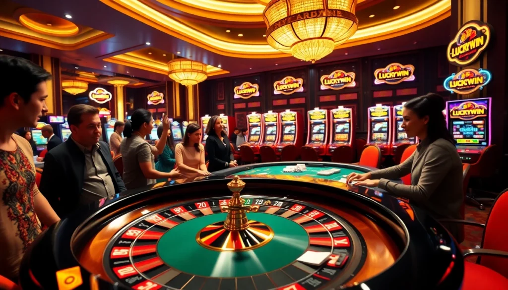 Exciting Luckywin casino scene with roulette tables and colorful slot machines