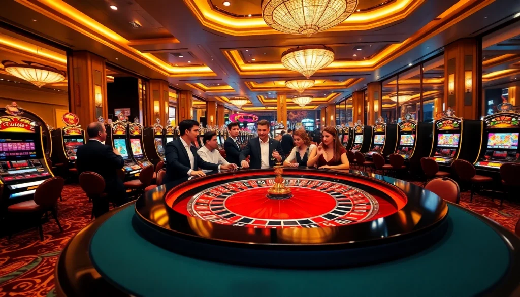 Speel met spanning op de roulette tafel bij https://casinodaily.nl, omgeven door luxe gokkasten.