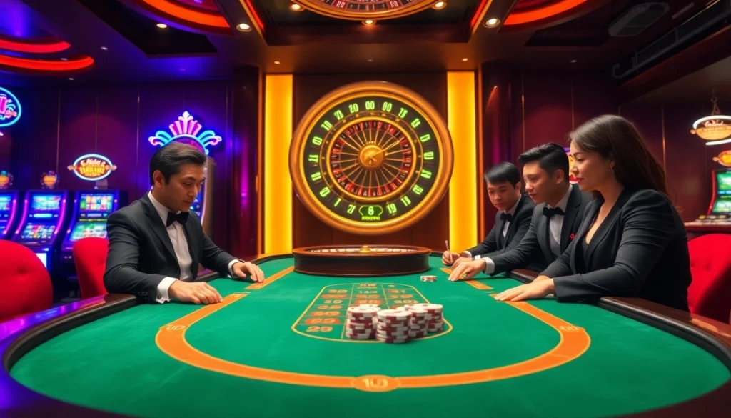 Experience the excitement of Nhà Cái 789P with a vibrant casino scene featuring a high-stakes poker table and illuminated slot machines.