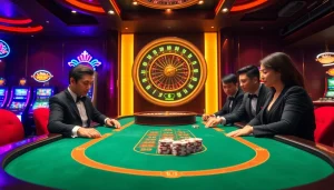 Experience the excitement of Nhà Cái 789P with a vibrant casino scene featuring a high-stakes poker table and illuminated slot machines.