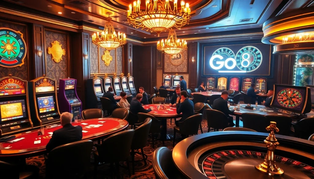 Players enjoying high-stakes games in a vibrant casino with GO8 branding visible.
