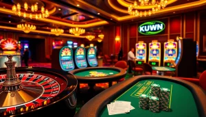 Experience high-stakes action with KUWIN at an elegant casino featuring vibrant tables and gaming elements.