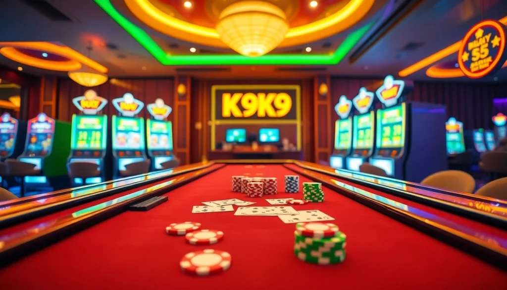 A thrilling scene of players enjoying the k9k9 game amid vibrant casino lights and colorful betting chips.