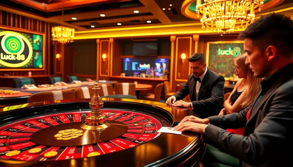 Exciting gaming at Luck8 casino with players at a roulette table.