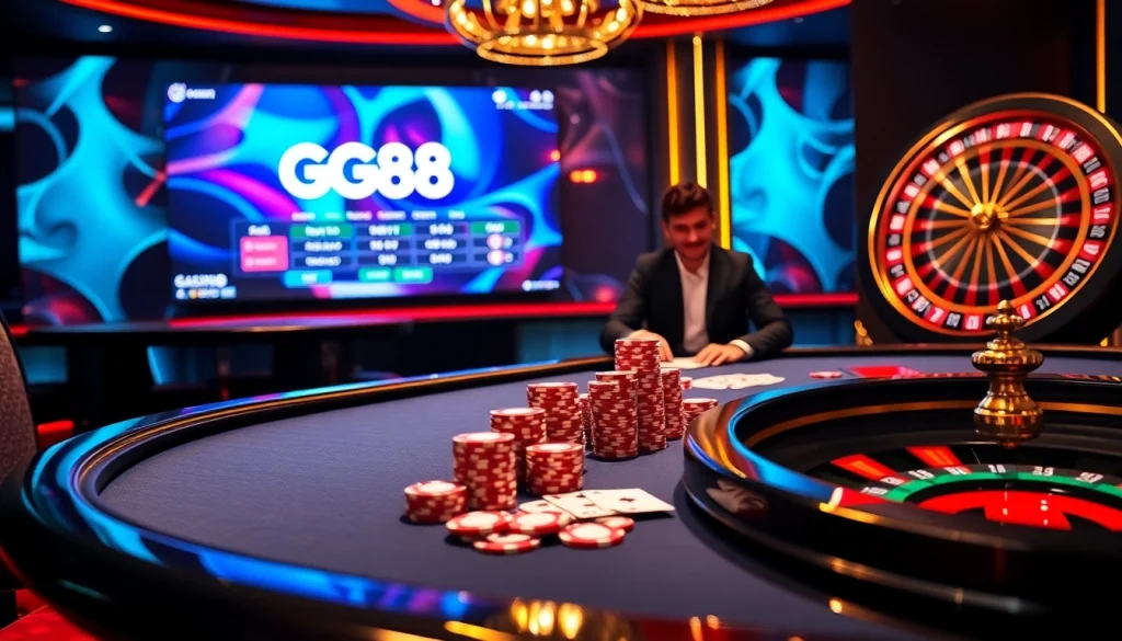 Engaging scene of players at gg88 casino, showcasing excitement with poker chips and cards.