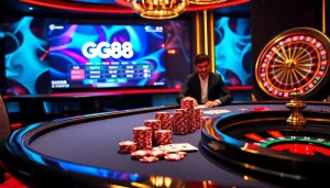 Engaging scene of players at gg88 casino, showcasing excitement with poker chips and cards.