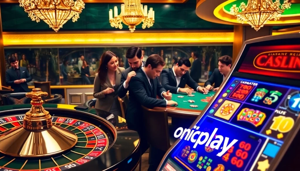 Players enjoying a thrilling poker game at onicplay casino with colorful chips and bright lights.