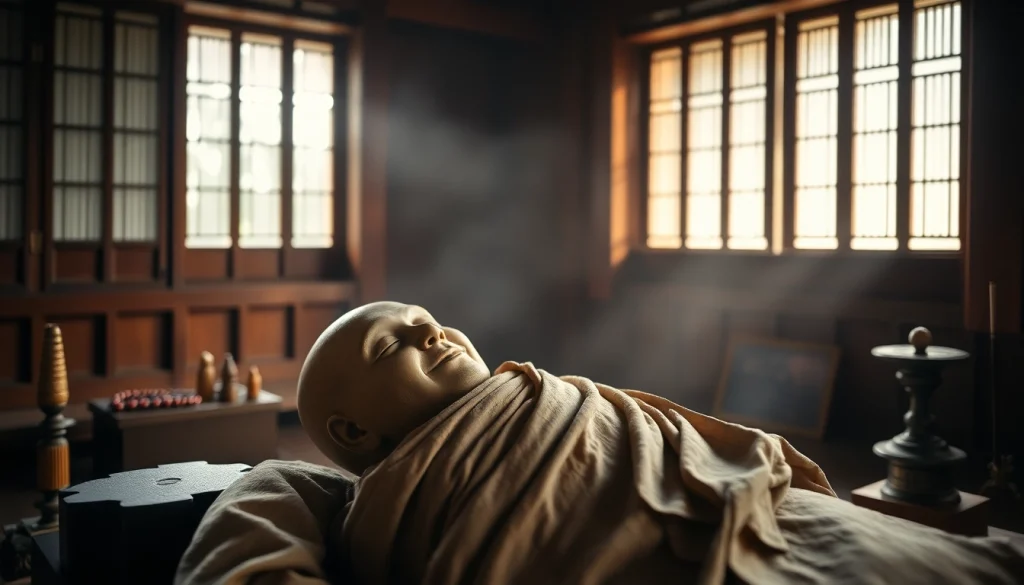 伝統的な寺院で展示された即身仏、その保存状態と霊的象徴を示す。