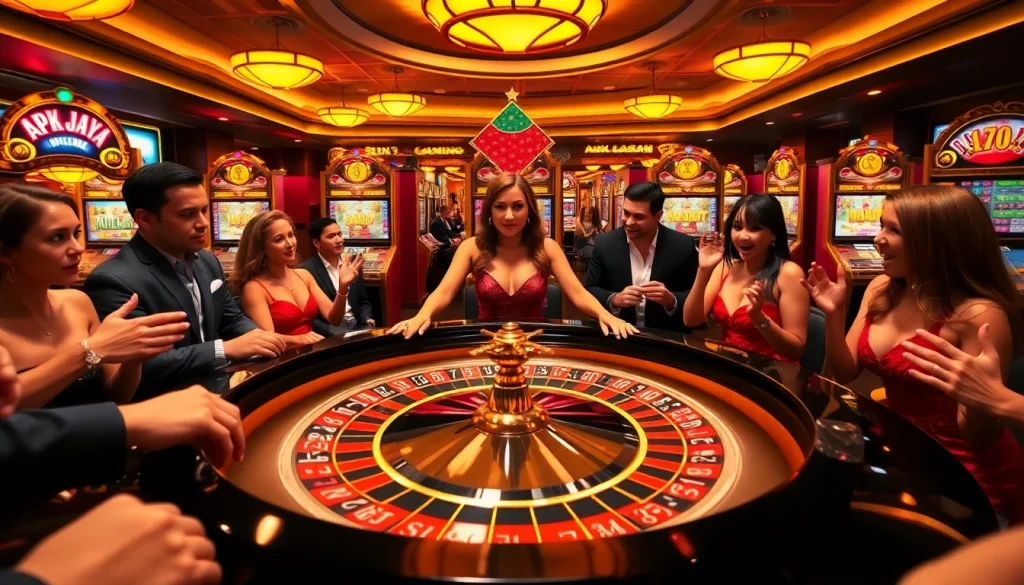 Engage with apk jaya games at an energetic casino, featuring roulette, slots, and excited players.