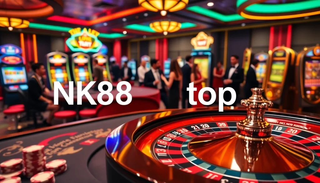 Exciting scene of professional gamblers enjoying games at NK88 top casino.