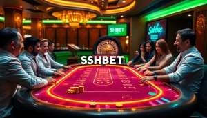Players enjoying an intense poker game at a luxurious SHBET casino table with chips and digital interfaces.