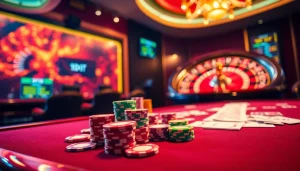 Experience the thrill of HDBET as players engage with colorful poker chips and cards at a luxury casino table.