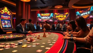 Engaging in high-stakes gaming at MK8 casino with vibrant slot machines and lively players.