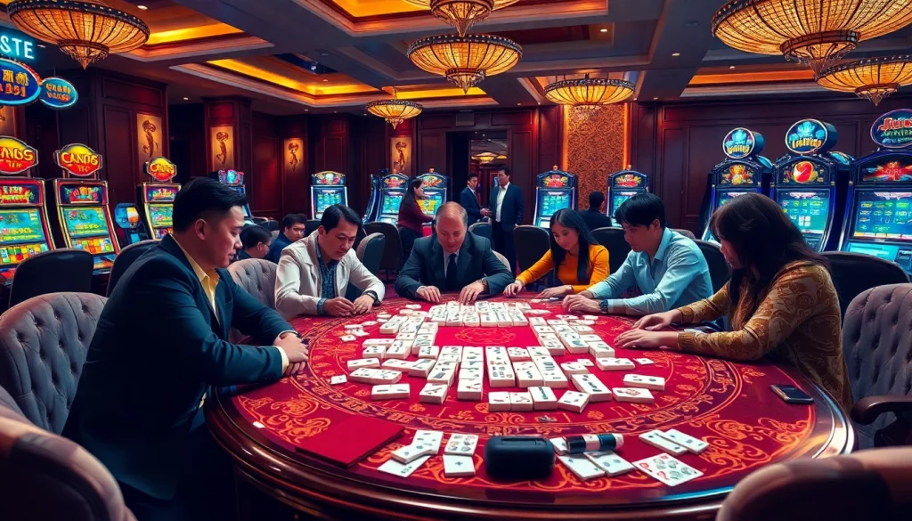 Players enjoying Mahjong Ways 2 at a luxurious casino, surrounded by poker chips and slot machines.