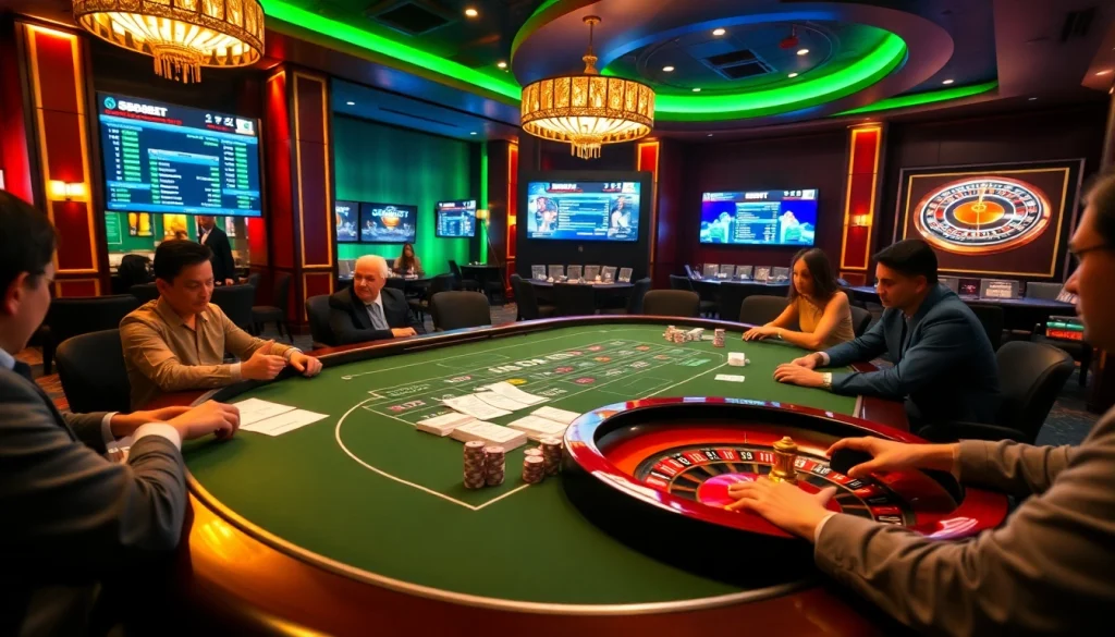 Sbobet gaming excitement at a luxurious casino table with poker chips and betting slips.