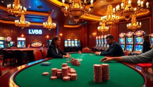 Excited players strategize at the LV88 poker table, surrounded by vibrant chips and roulette.