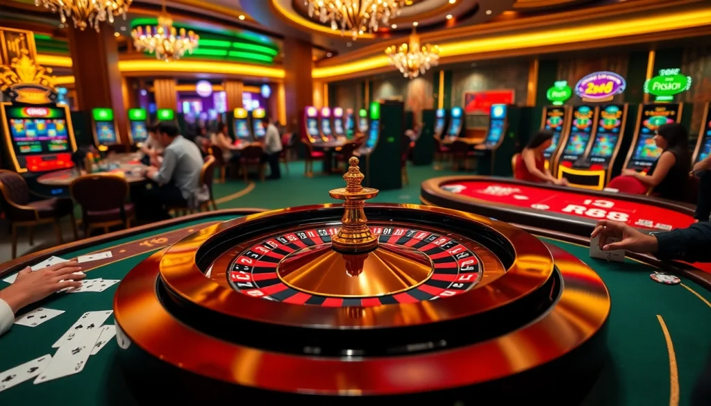 Exciting casino scene with RR88 logo showcasing roulette, cards, and vibrant slot machines.